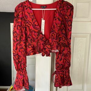 For Love And Lemons Red and Pink Bell Sleeve Crop Blouse